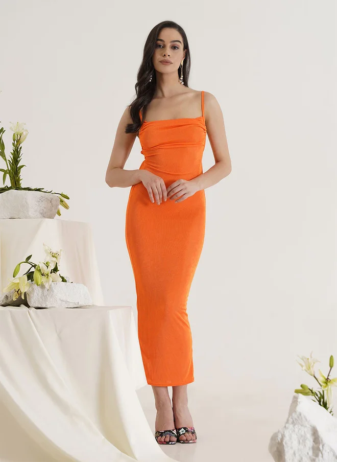 PRIZO PRIZO Orange Solid Maxi Midi Dress with Shoulder Straps